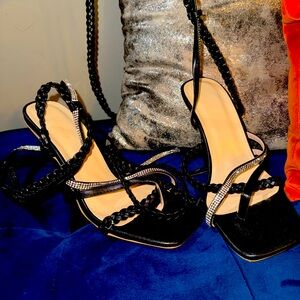 Black strappy heels with rhinestones